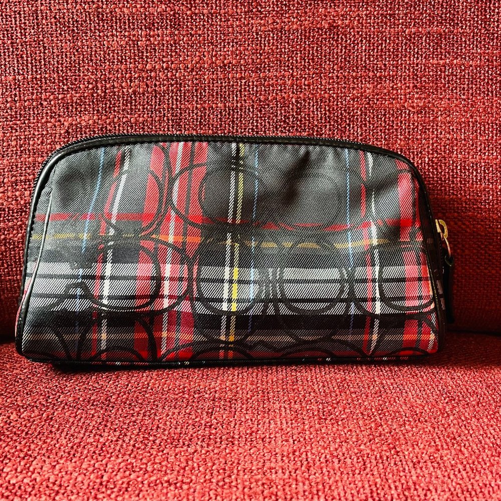 Coach  - Red Plaid Signature “C” Logo Cosmetic bag